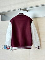 Back view burgundy varsity jacket with white stripe trim at hem and cuffs