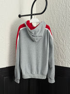 Gray Louis Vuitton hoodie with red sleeve stripes and hood