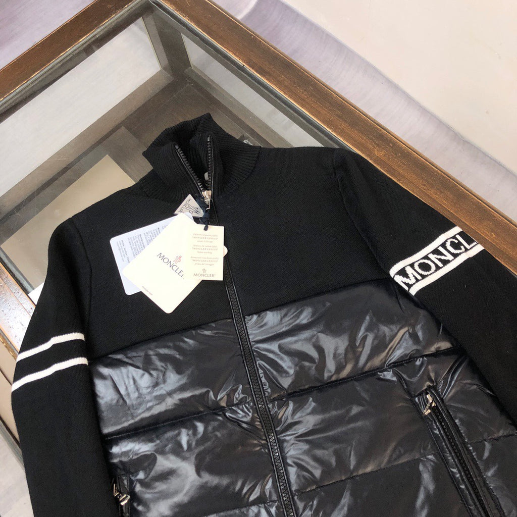 Moncler zip puffer jacket with navy knit shoulder and shiny black quilted front