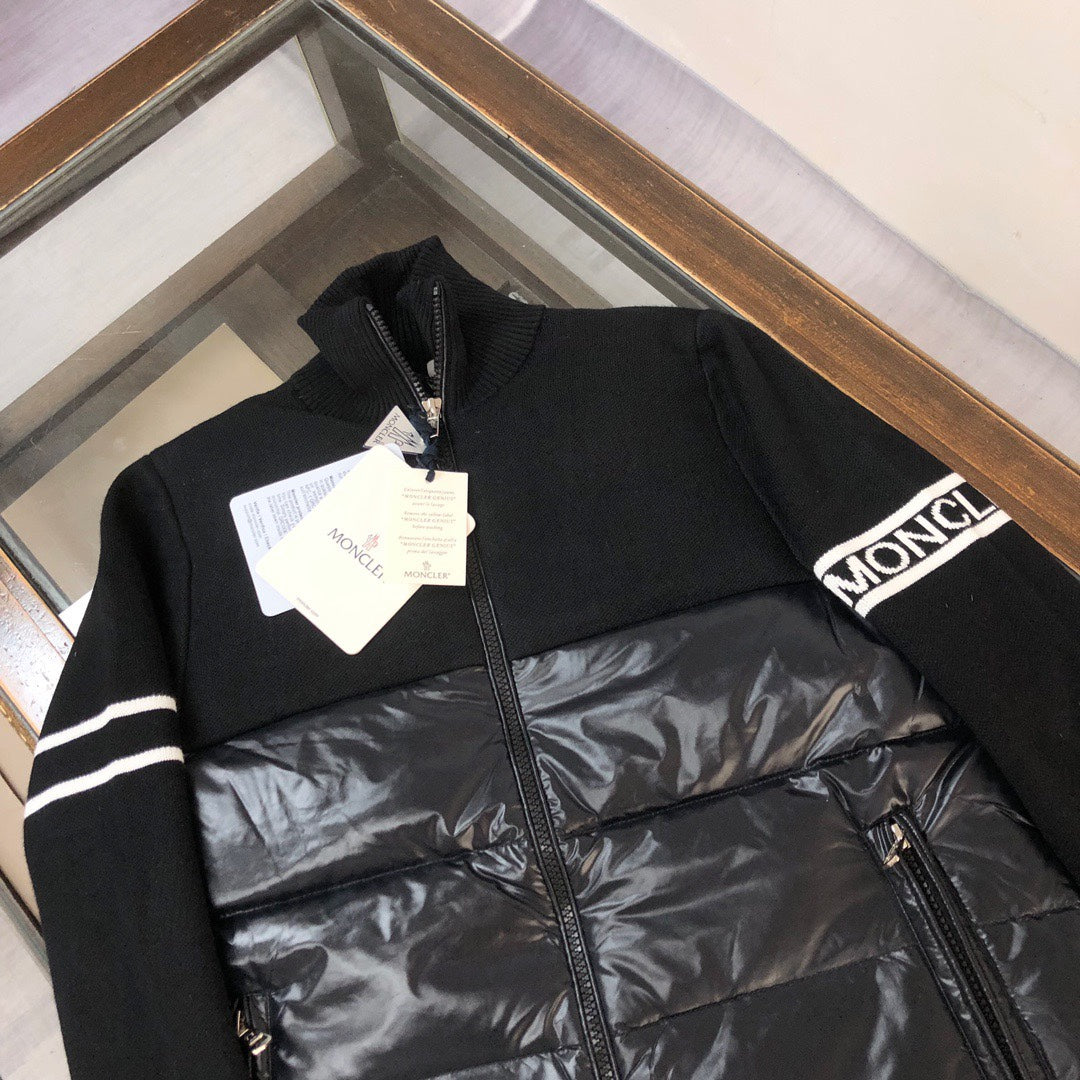 Moncler zip puffer jacket with navy knit shoulder and shiny black quilted front