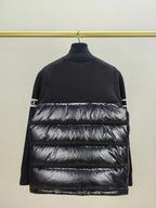 Down puffer jacket back view with horizontal quilting and knit collar