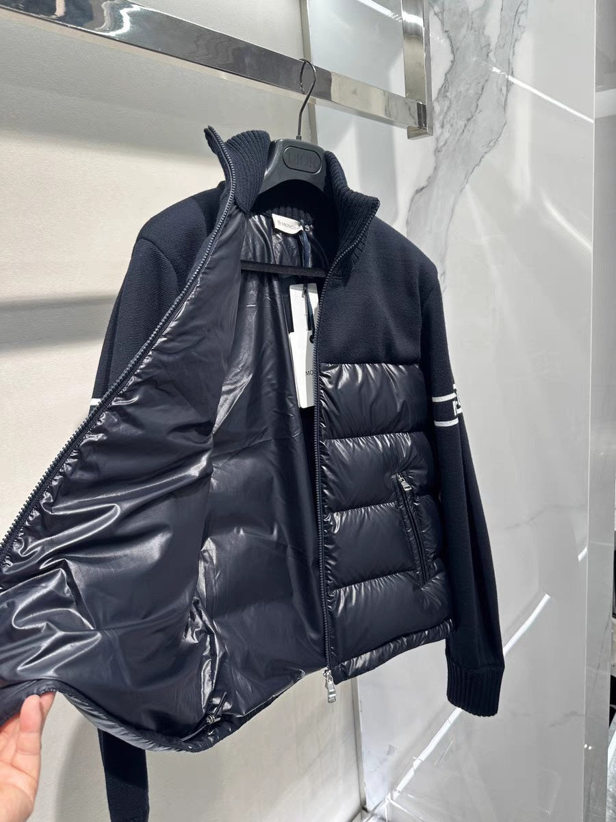 Moncler puffer jacket detail with open front and quilted interior panel