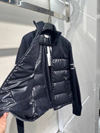 Moncler puffer jacket detail with open front and quilted interior panel