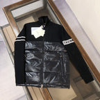Moncler long-sleeve zip puffer jacket with navy knit sleeves and shiny black quilted front
