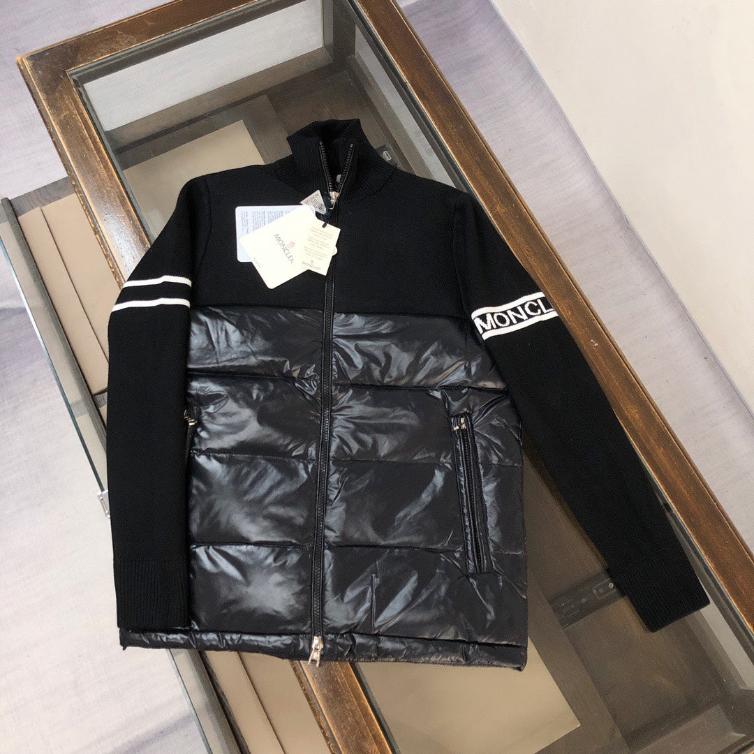 Moncler long-sleeve zip puffer jacket with navy knit sleeves and shiny black quilted front