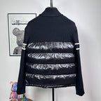 Moncler down puffer jacket back view with horizontal quilting and knit stand collar