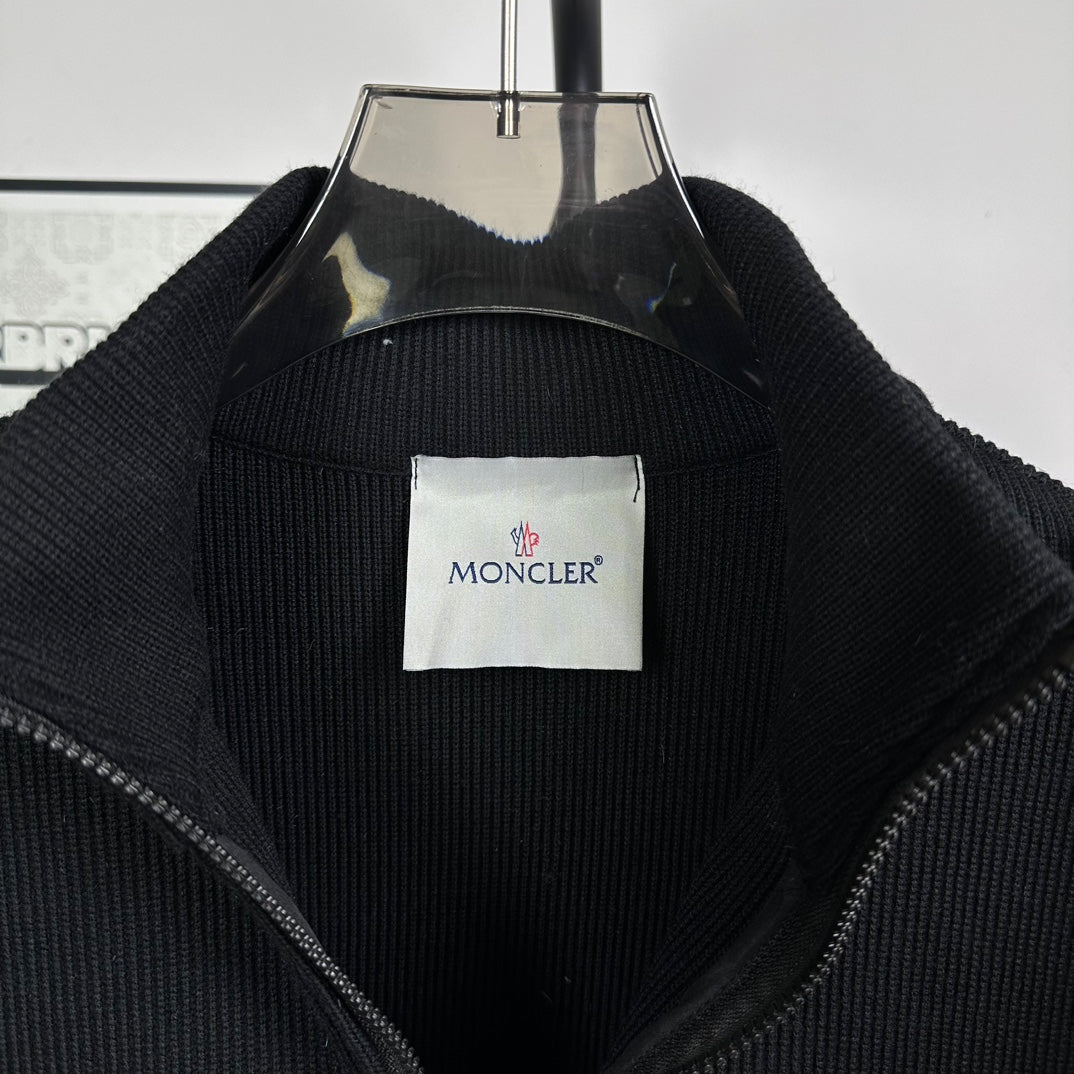 Moncler down puffer jacket neckline with knit collar and interior brand label