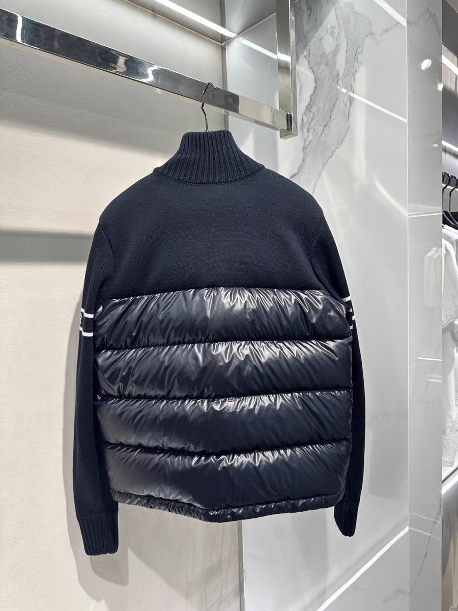 Moncler puffer jacket back view with ribbed neckline and horizontal quilted stripes