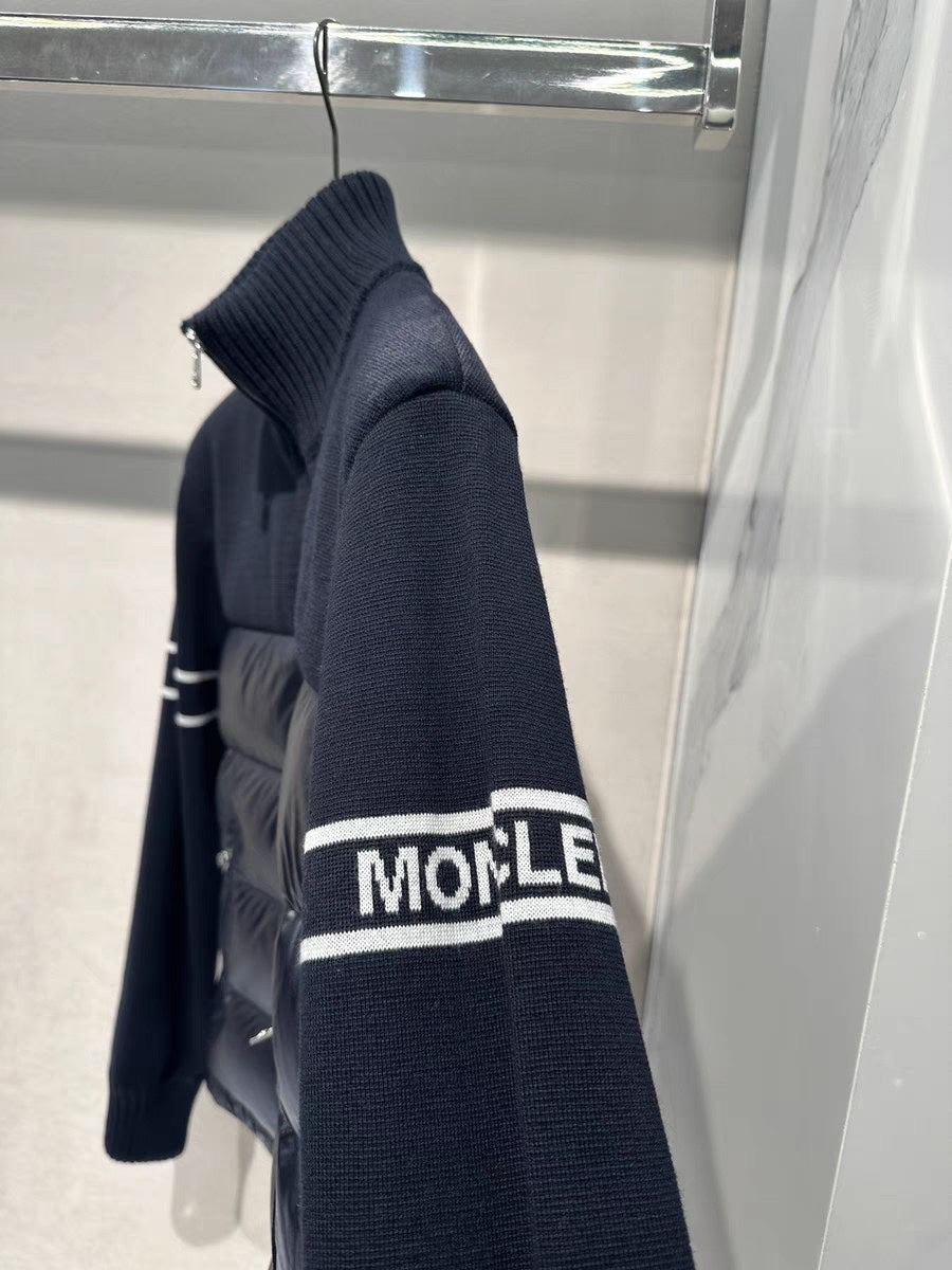 Moncler knit sleeve cuff with striped band and brand-style lettering detail