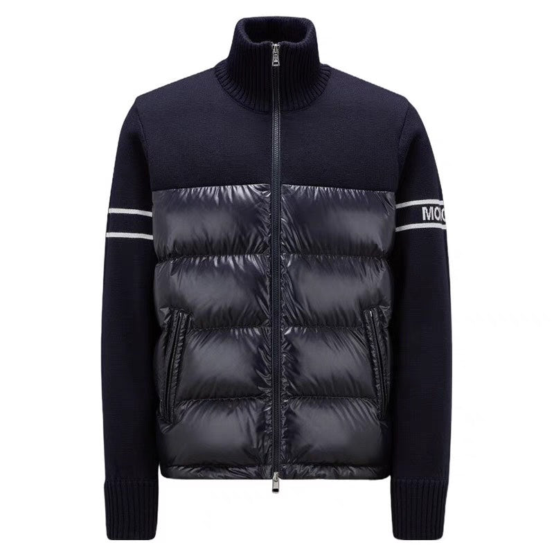 Moncler puffer jacket front view with ribbed knit cuffs, stand collar, and zipper