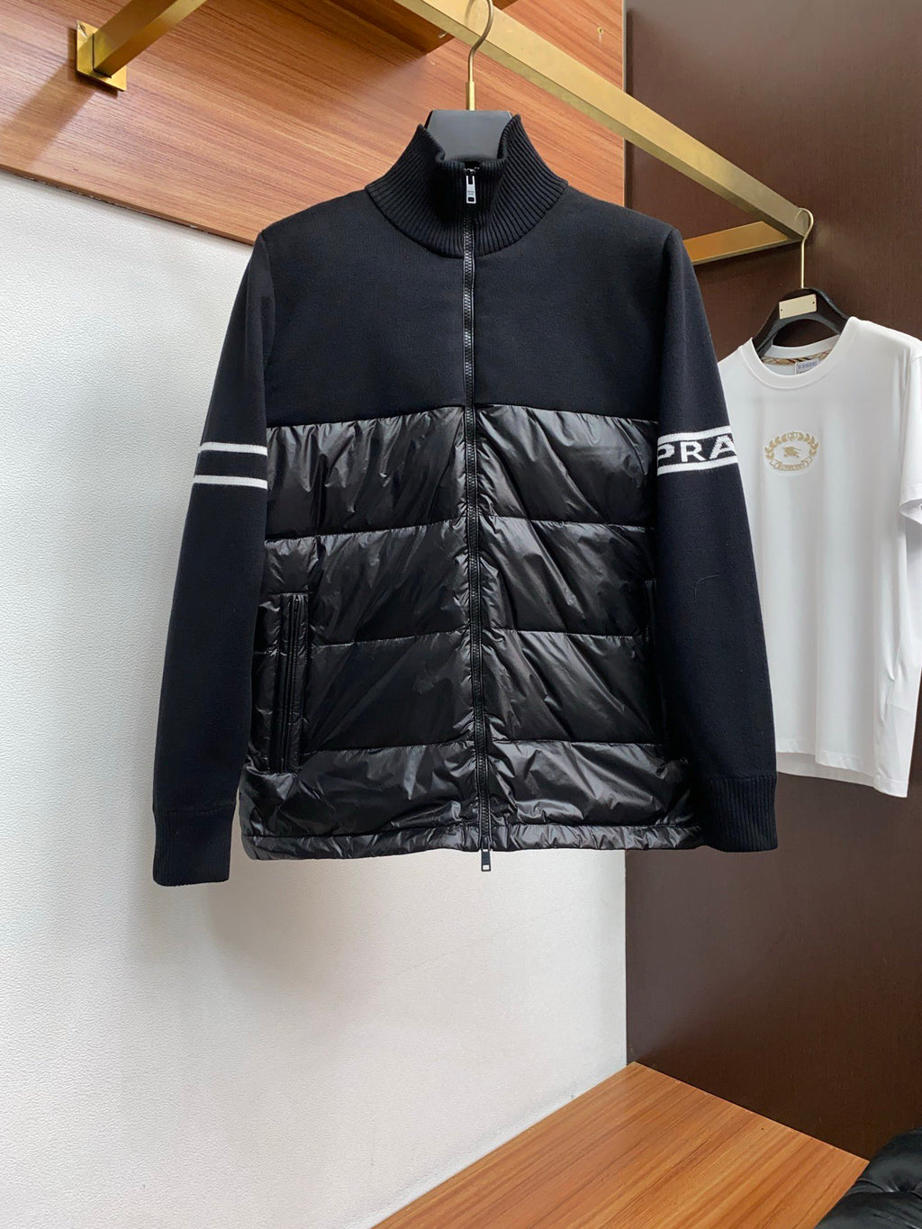 Moncler knit-collar zip puffer jacket with navy sleeves and black quilted front