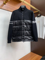 Moncler knit-collar zip puffer jacket with navy sleeves and black quilted front