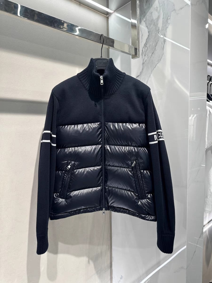 Moncler quilted puffer jacket on hanger with knit sleeves and full front zipper