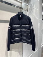 Moncler quilted puffer jacket on hanger with knit sleeves and full front zipper