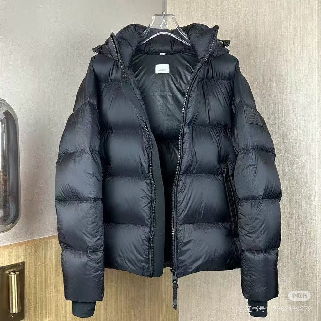 Long hooded puffer jacket, dark color, open-front view showing inner lining