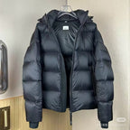 Long hooded puffer jacket, dark color, open-front view showing inner lining