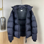 Burberry long puffer jacket with hood and front zipper, dark navy, front view