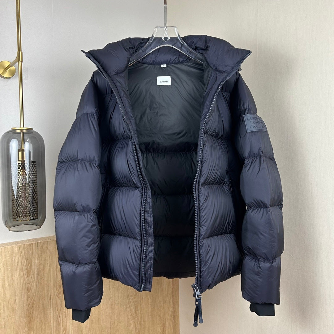 Burberry long puffer jacket with hood and front zipper, dark navy, front view