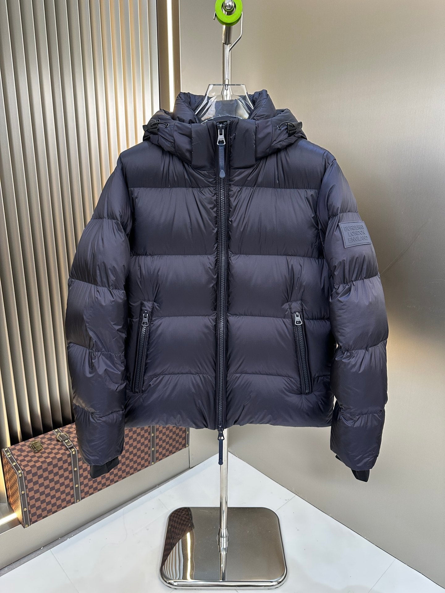 Burberry long hooded padded jacket with front zip, quilted design, dark navy