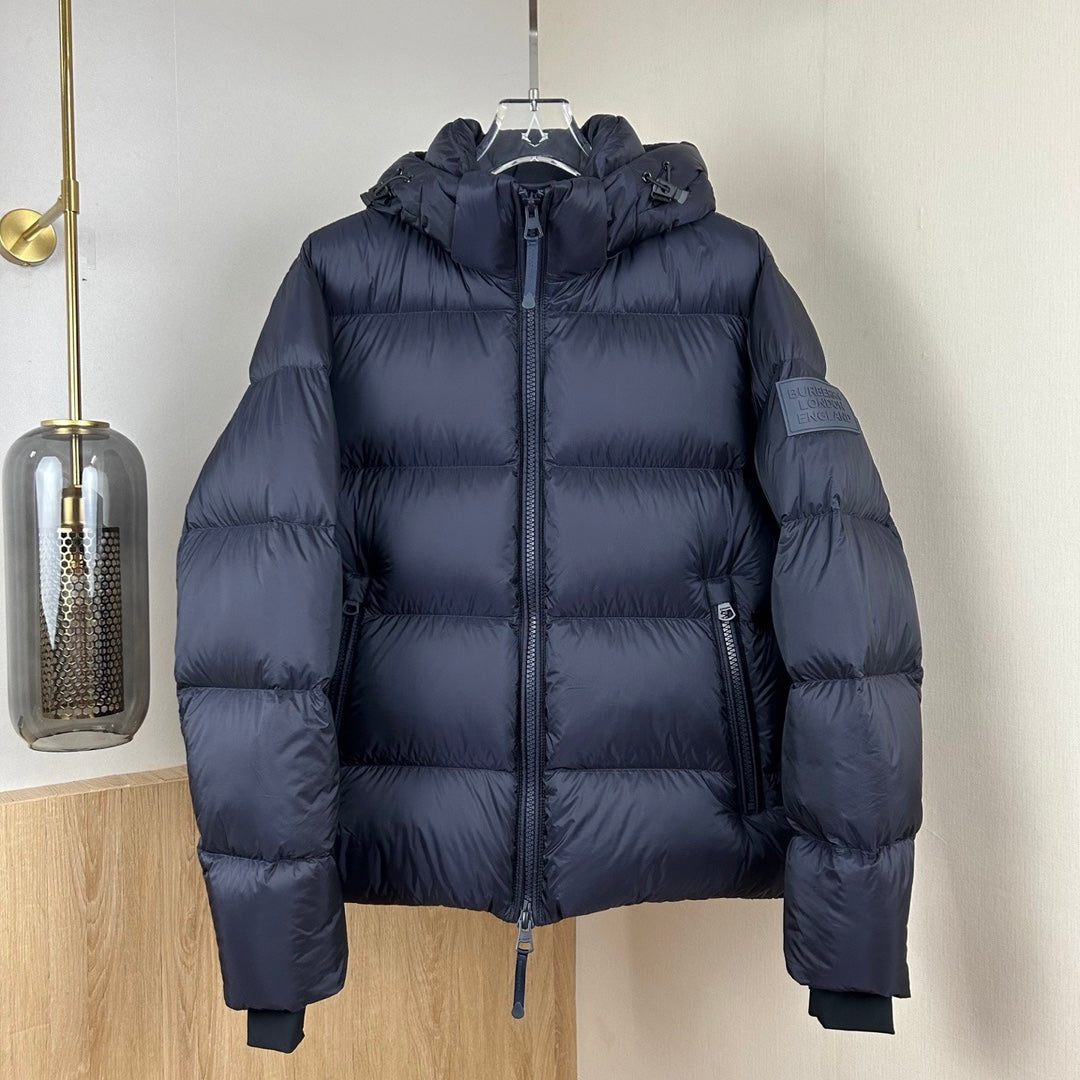 Burberry long puffer jacket with hood and center front zipper, dark navy