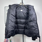 Long hooded puffer jacket, dark color, inside lining visible through open front
