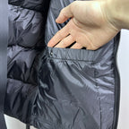 Burberry jacket close-up of quilted fabric and pocket area with snap detail, dark navy