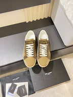 YSL unisex sneakers in tan with white laces and brown side panels