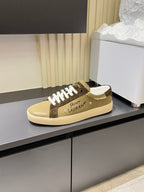 YSL unisex low-top sneakers, tan canvas with brown heel patch and white laces