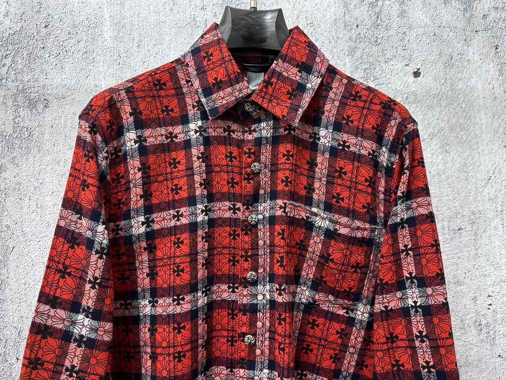 Red and navy plaid long-sleeve button-up shirt with collar