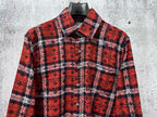 Red and navy plaid long-sleeve button-up shirt with collar