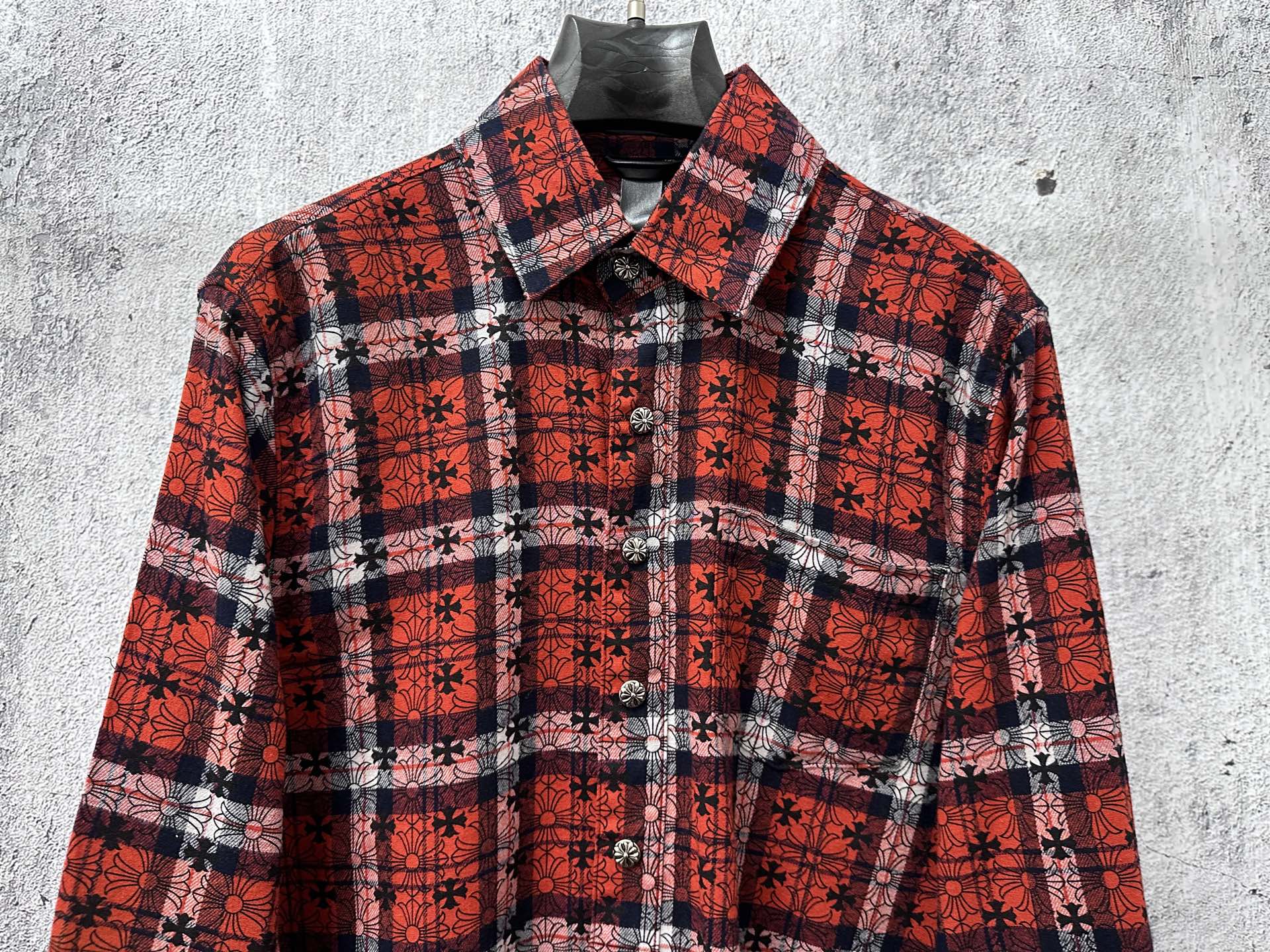 Red and navy plaid long-sleeve button-up shirt with collar
