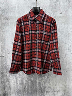 Red and navy plaid long-sleeve button-up shirt with collar and chest pocket