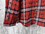 Red plaid long-sleeve shirt hem with floral check pattern