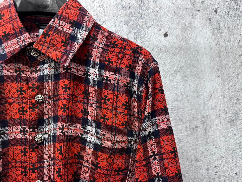 Red plaid long-sleeve button-up shirt collar with dark floral pattern