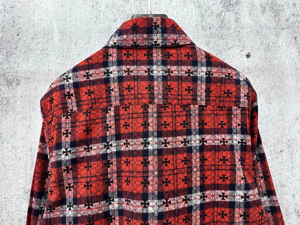 Red and navy plaid long-sleeve button-up shirt with striped back panel