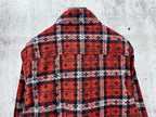 Red and navy plaid long-sleeve button-up shirt with striped back panel