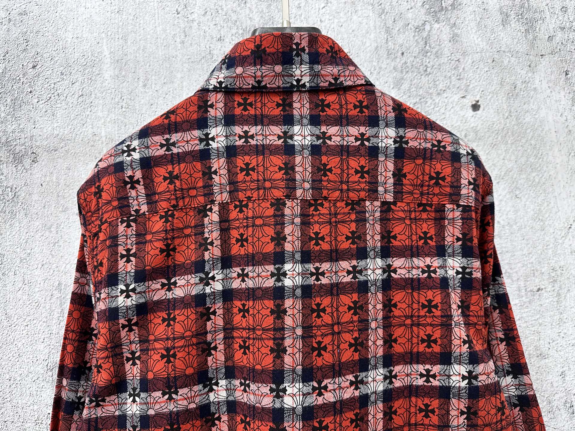 Red and navy plaid long-sleeve button-up shirt with striped back panel