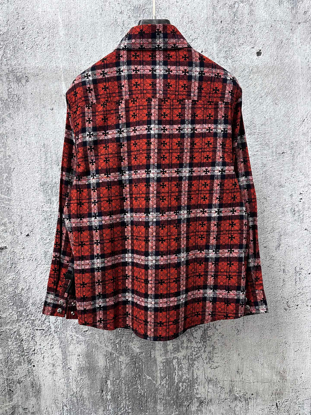 Red and navy plaid long-sleeve button-up shirt, full back view