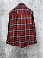 Red and navy plaid long-sleeve button-up shirt, full back view