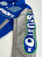 Long-sleeve top with grey body and blue emblem appliqué with green outline