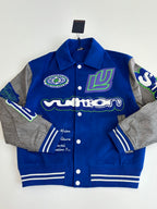 Blue varsity jacket with colorful front patches, button front, striped cuffs and hem