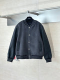 Dark gray long-sleeve varsity jacket with snap button placket and ribbed hem