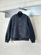 Dark gray long-sleeve varsity jacket with snap button placket and ribbed hem