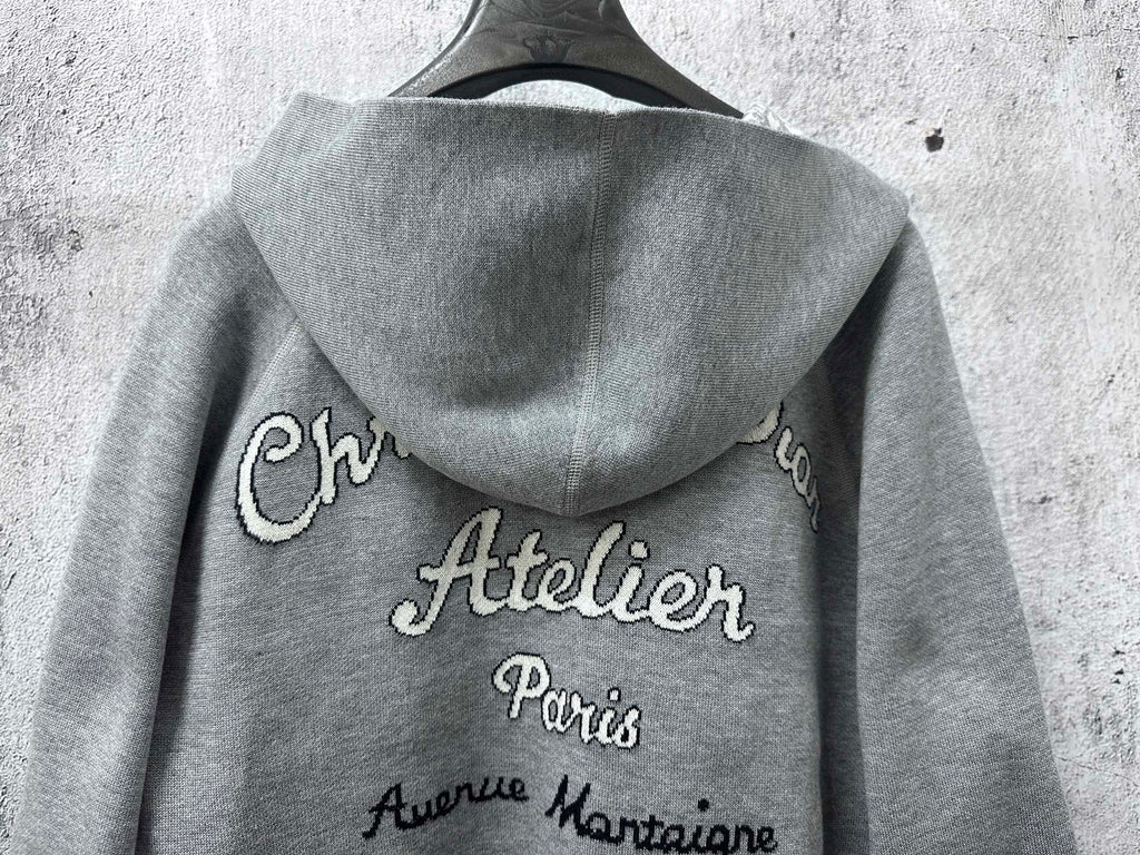 Gray hoodie with back print “Atelier Paris” and hood drape