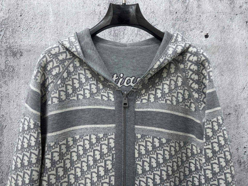 Christian Dior zip-up hoodie with hood, gray and white monogram pattern