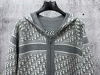 Christian Dior zip-up hoodie with hood, gray and white monogram pattern