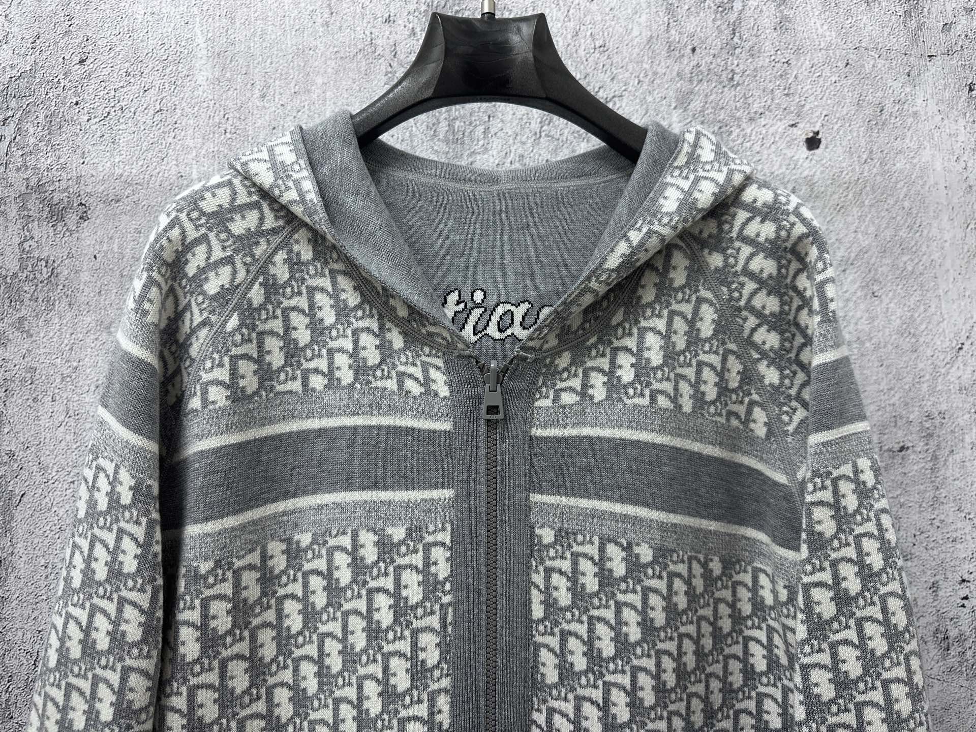 Christian Dior zip-up hoodie with hood, gray and white monogram pattern