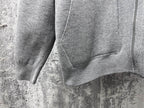 Gray hoodie close-up of zip-front and kangaroo pocket seam