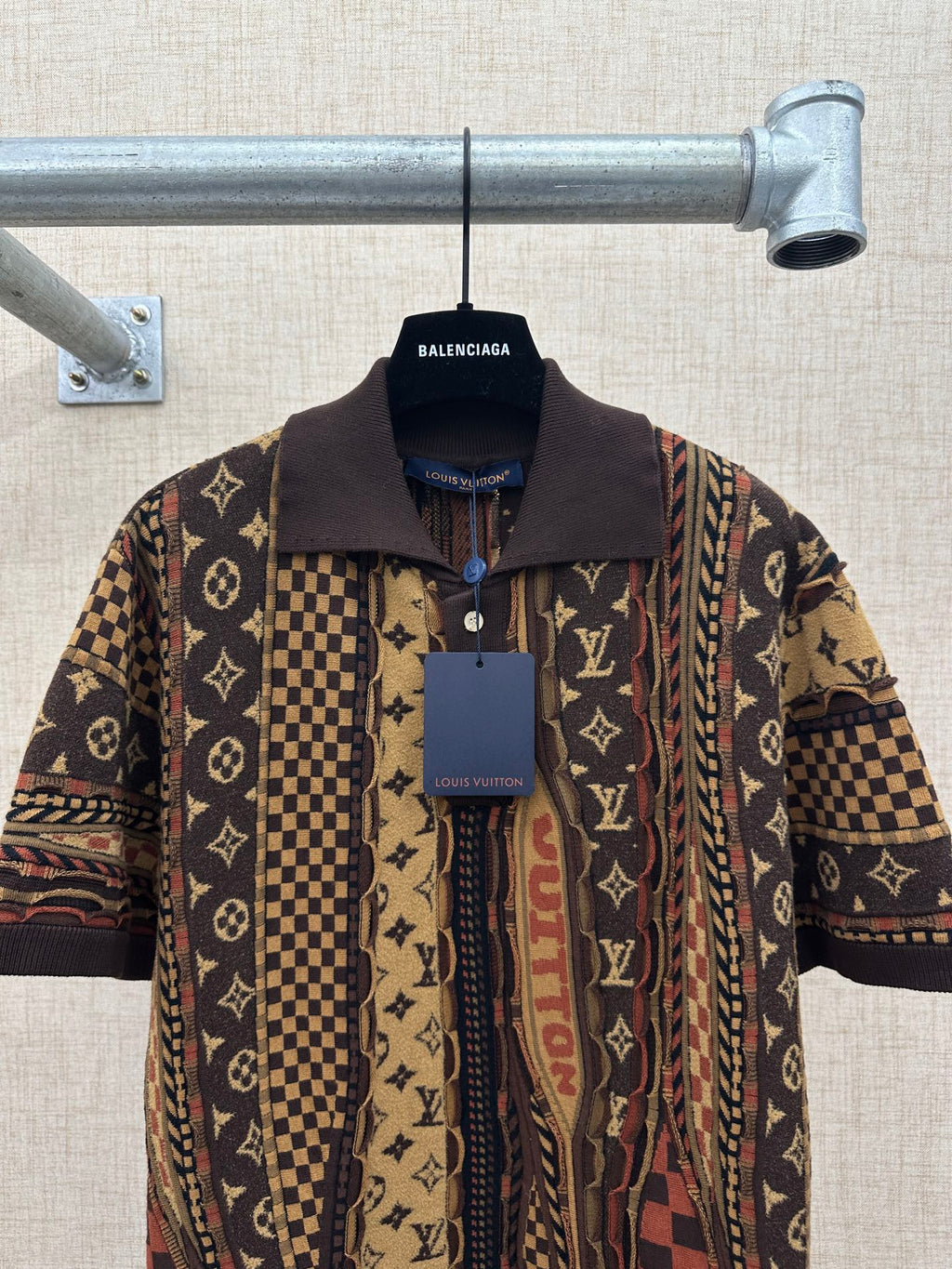 Short-sleeve button-up shirt with multicolor monogram paneling and front buttons