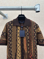 Short-sleeve button-up shirt with multicolor monogram paneling and front buttons